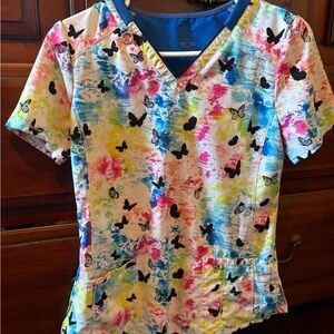 Colorful Butterfly Print Scrub Top